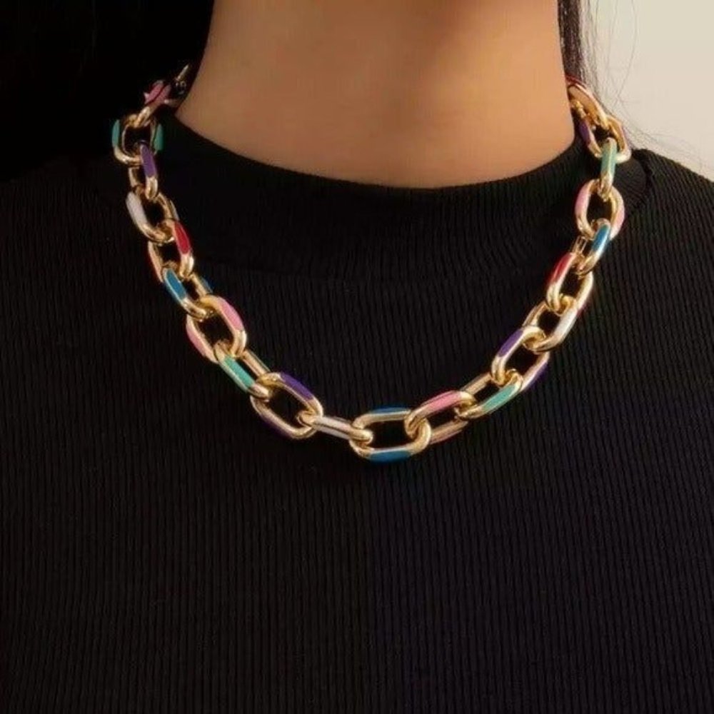 Necklace & Bracelet set chain gold rainbow retro boho bohemian multicolored